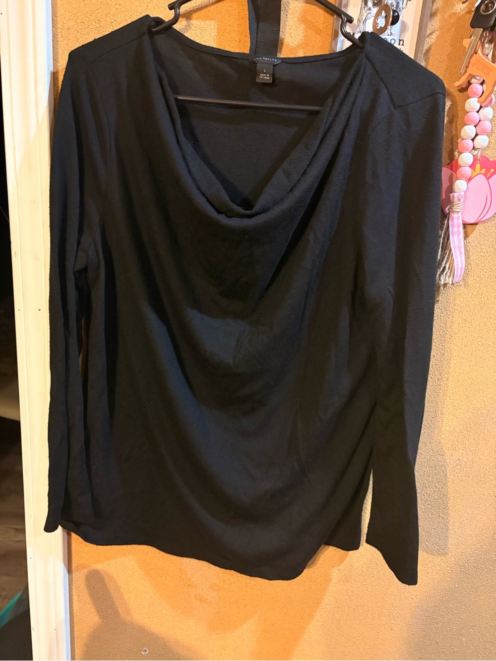 Ann Taylor Black Drape Neck Long Sleeve Blouse